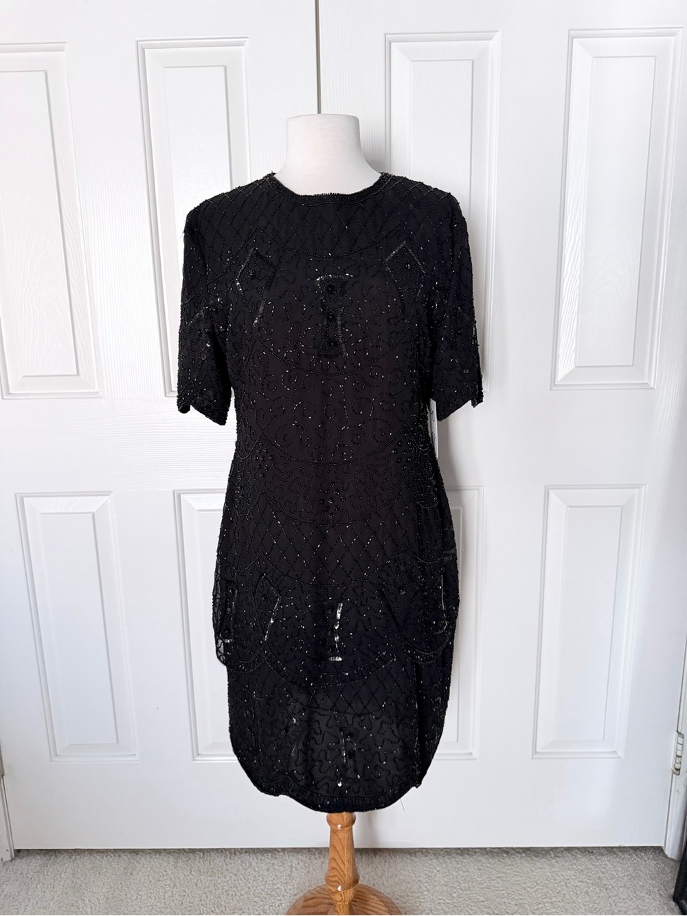 Vintage Black Beaded Short Sleeve Scalloped Dress